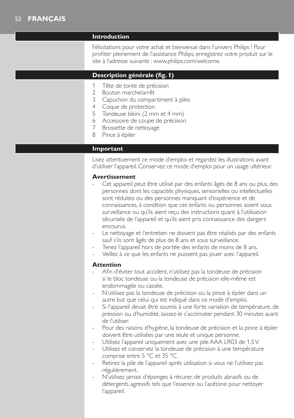 Français, Français 52 | Philips Präzisionstrimmer User Manual | Page 52 / 108