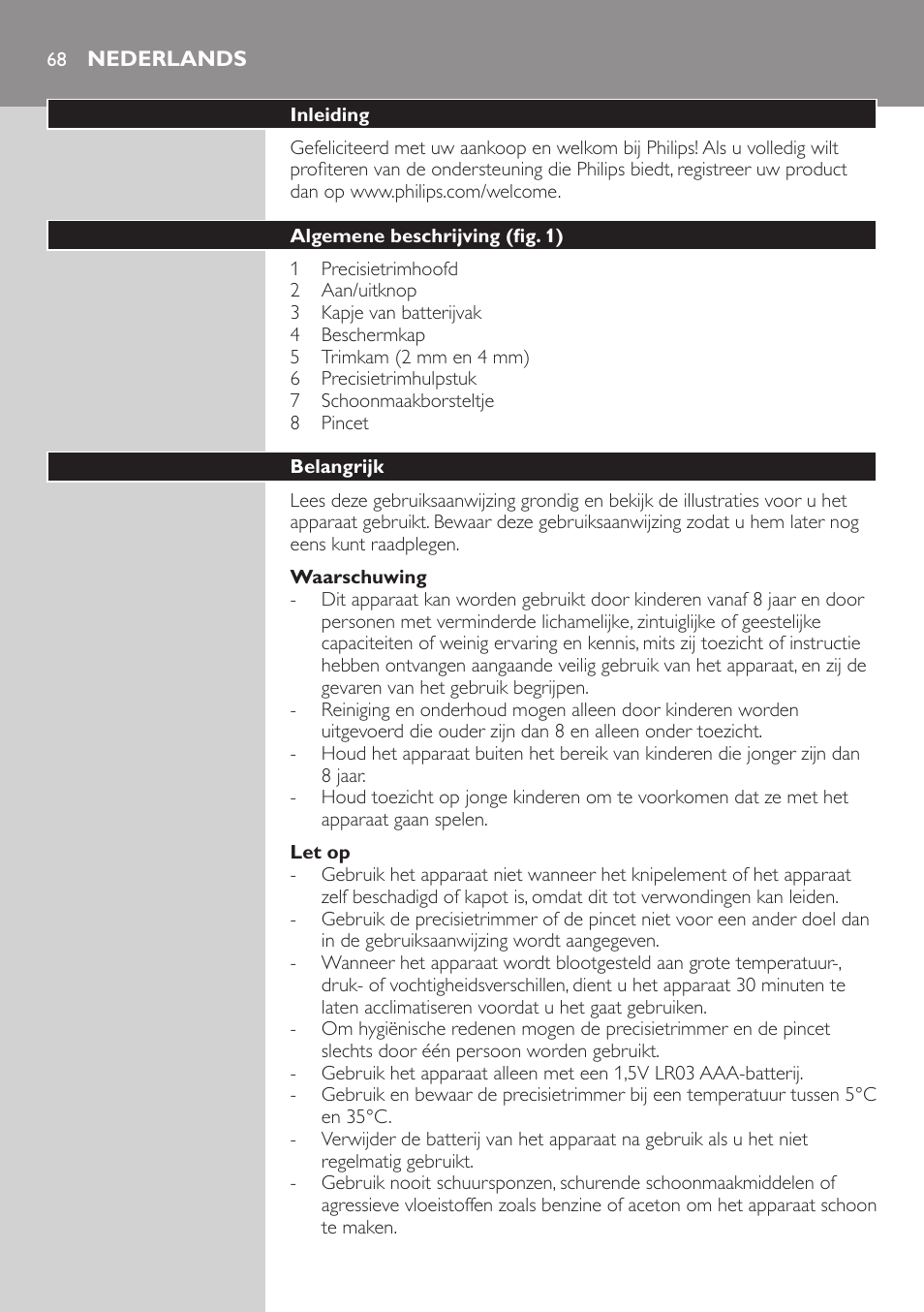 Nederlands, Nederlands 68 | Philips Präzisionstrimmer User Manual | Page 68 / 108