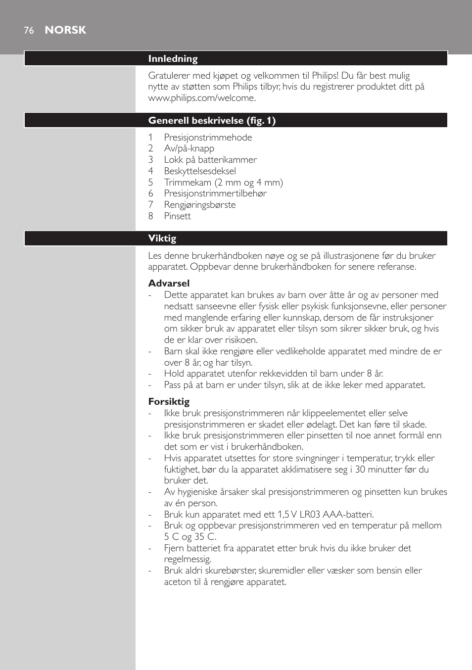 Norsk, Norsk 76 | Philips Präzisionstrimmer User Manual | Page 76 / 108