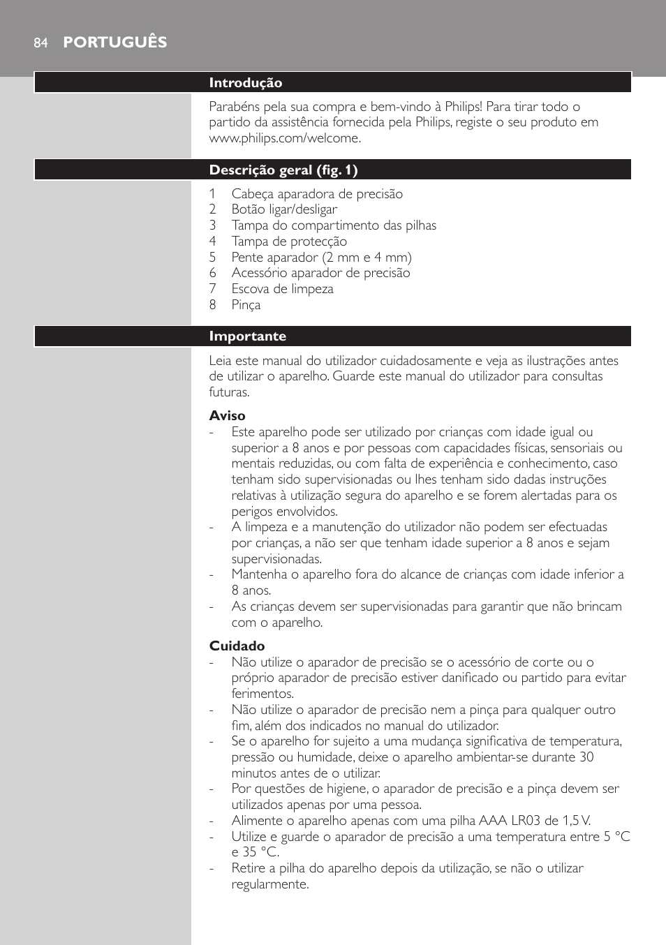 Português, Português 84 | Philips Präzisionstrimmer User Manual | Page 84 / 108