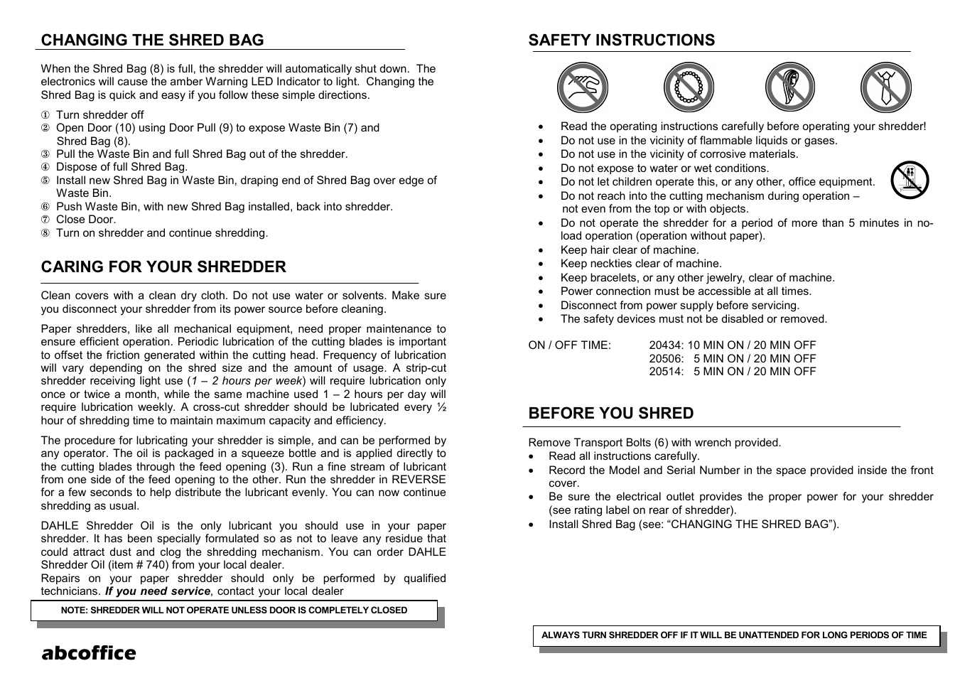 Abcoffice, Changing the shred bag, Caring for your shredder | Safety instructions, Before you shred | ABC Office 20400 Series User Manual | Page 3 / 4