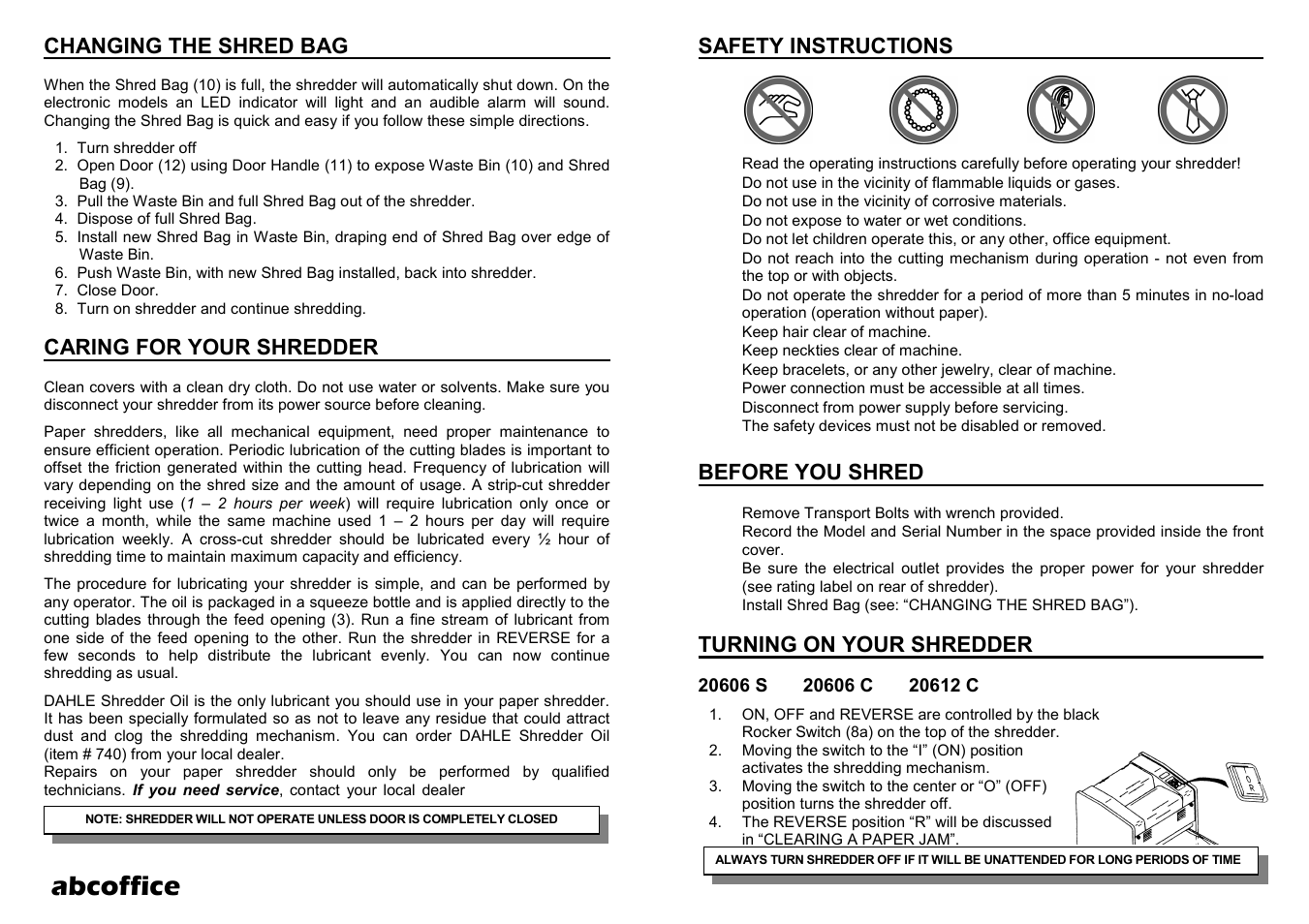 Abcoffice, Changing the shred bag, Caring for your shredder | Safety instructions, Before you shred, Turning on your shredder | ABC Office 20612 C User Manual | Page 3 / 4