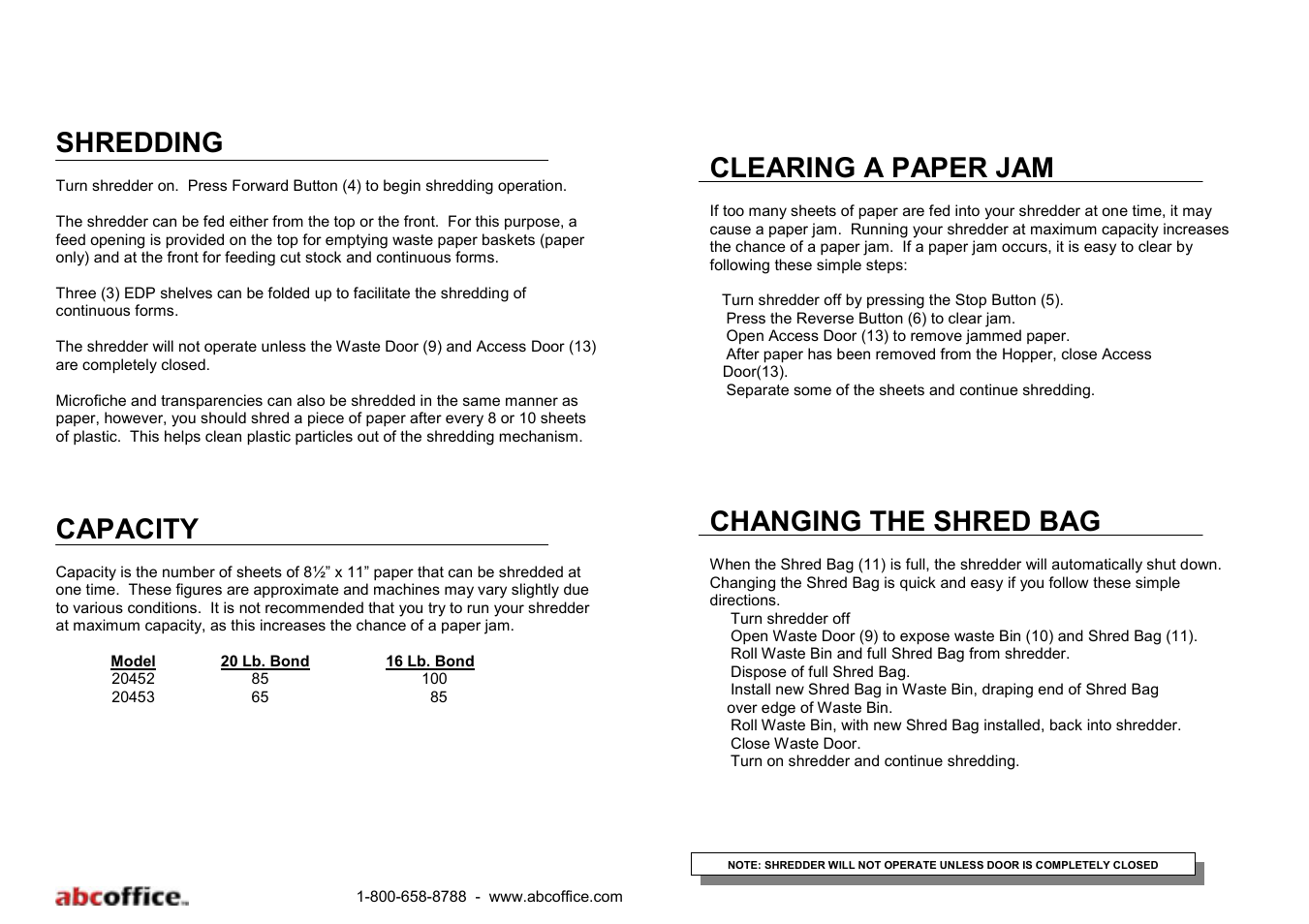 Shredding, Capacity, Clearing a paper jam | Changing the shred bag | ABC Office DAHLE 20452 User Manual | Page 6 / 7