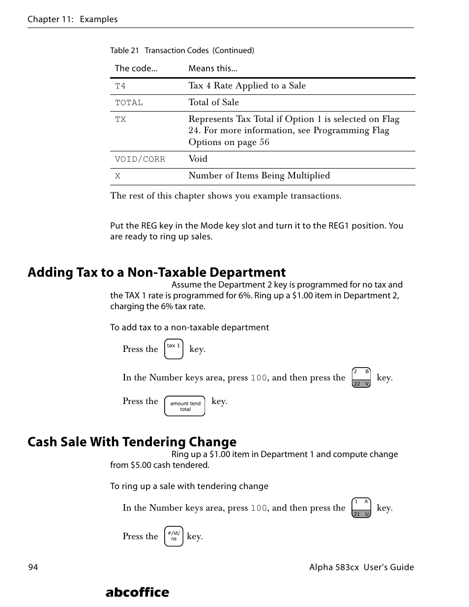 Adding tax to a non-taxable department, Cash sale with tendering change, Abcoffice | ABC Office ROYAL Alpha 583cx User Manual | Page 100 / 138