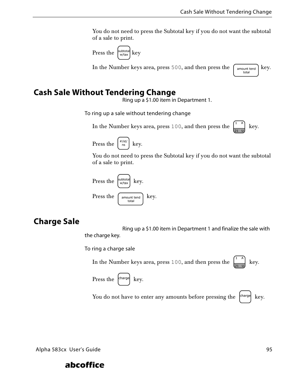 Cash sale without tendering change, Charge sale, Abcoffice | ABC Office ROYAL Alpha 583cx User Manual | Page 101 / 138
