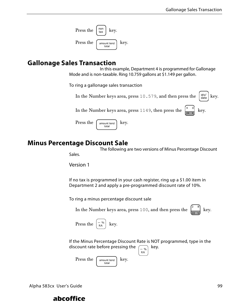 Gallonage sales transaction, Minus percentage discount sale, Abcoffice | ABC Office ROYAL Alpha 583cx User Manual | Page 105 / 138