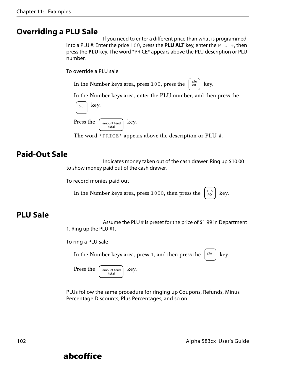 Overriding a plu sale, Paid-out sale, Plu sale | Abcoffice | ABC Office ROYAL Alpha 583cx User Manual | Page 108 / 138