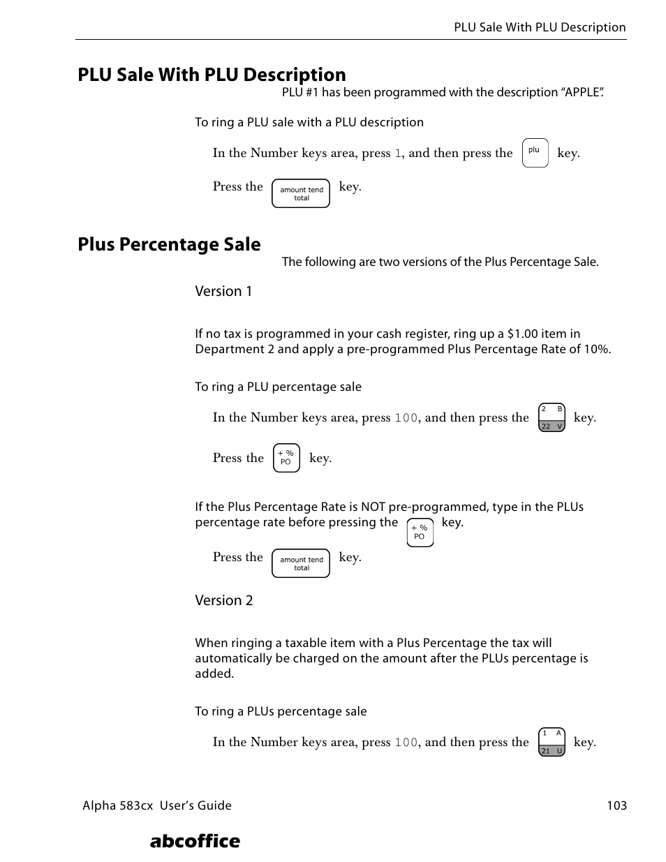 Plu sale with plu description, Plus percentage sale, Abcoffice | ABC Office ROYAL Alpha 583cx User Manual | Page 109 / 138