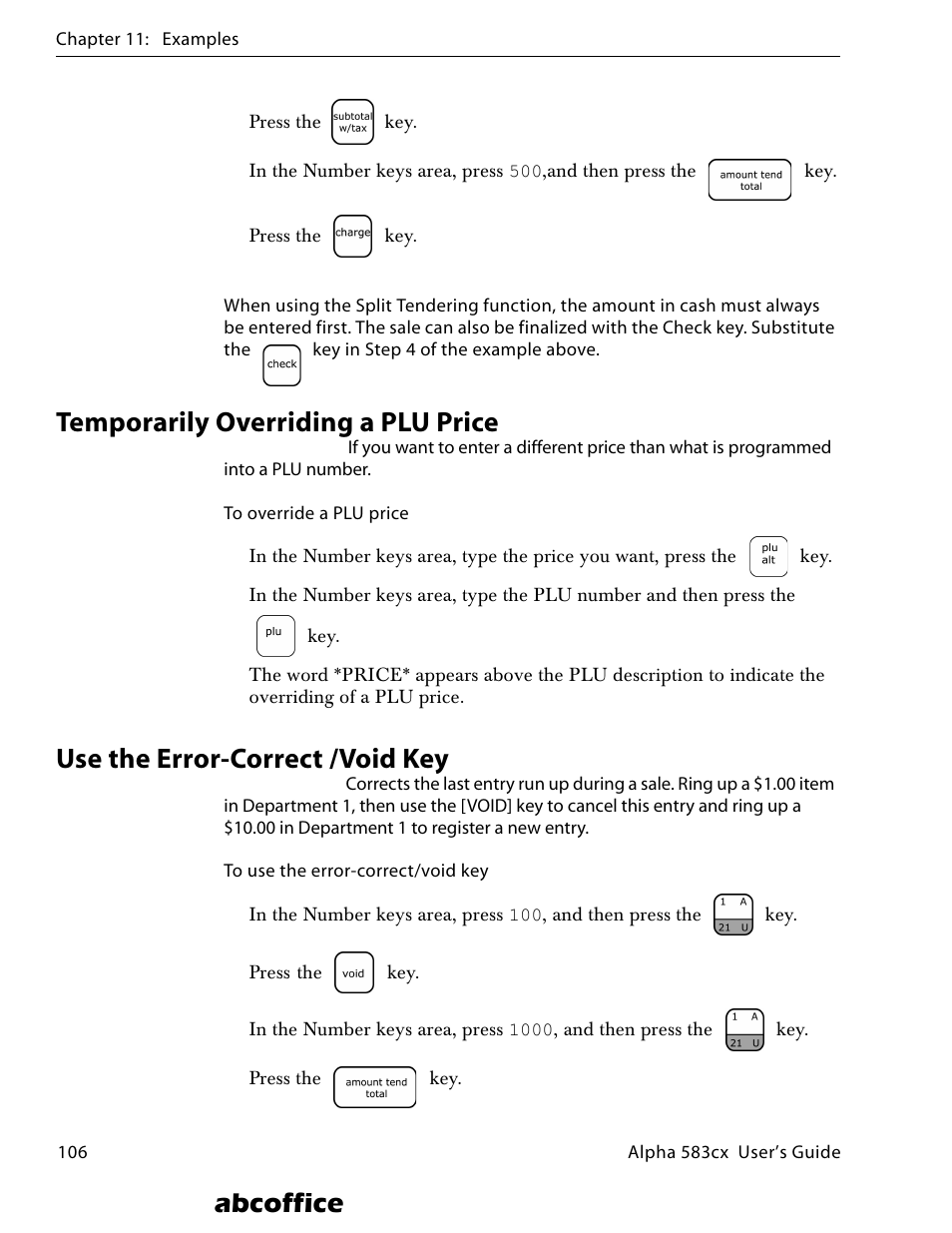 Temporarily overriding a plu price, Use the error-correct /void key, Abcoffice | ABC Office ROYAL Alpha 583cx User Manual | Page 112 / 138