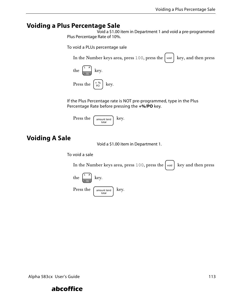 Voiding a plus percentage sale, Voiding a sale, Abcoffice | ABC Office ROYAL Alpha 583cx User Manual | Page 119 / 138