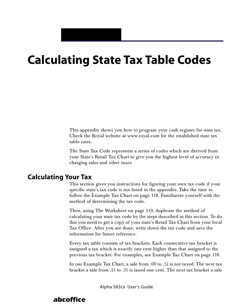 Calculating state tax table codes, Calculating your tax, A calculating state tax table codes | Abcoffice | ABC Office ROYAL Alpha 583cx User Manual | Page 120 / 138