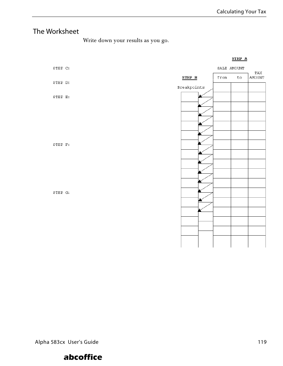 The worksheet, Sing the worksheet, complete st, Ing the worksheet, determi | Ing the worksheet, complete step a, Ing the worksheet, complete step d, Ing the worksheet, complete step e, Ing the worksheet, complete step f, Ing the worksheet, complete step, Abcoffice | ABC Office ROYAL Alpha 583cx User Manual | Page 125 / 138
