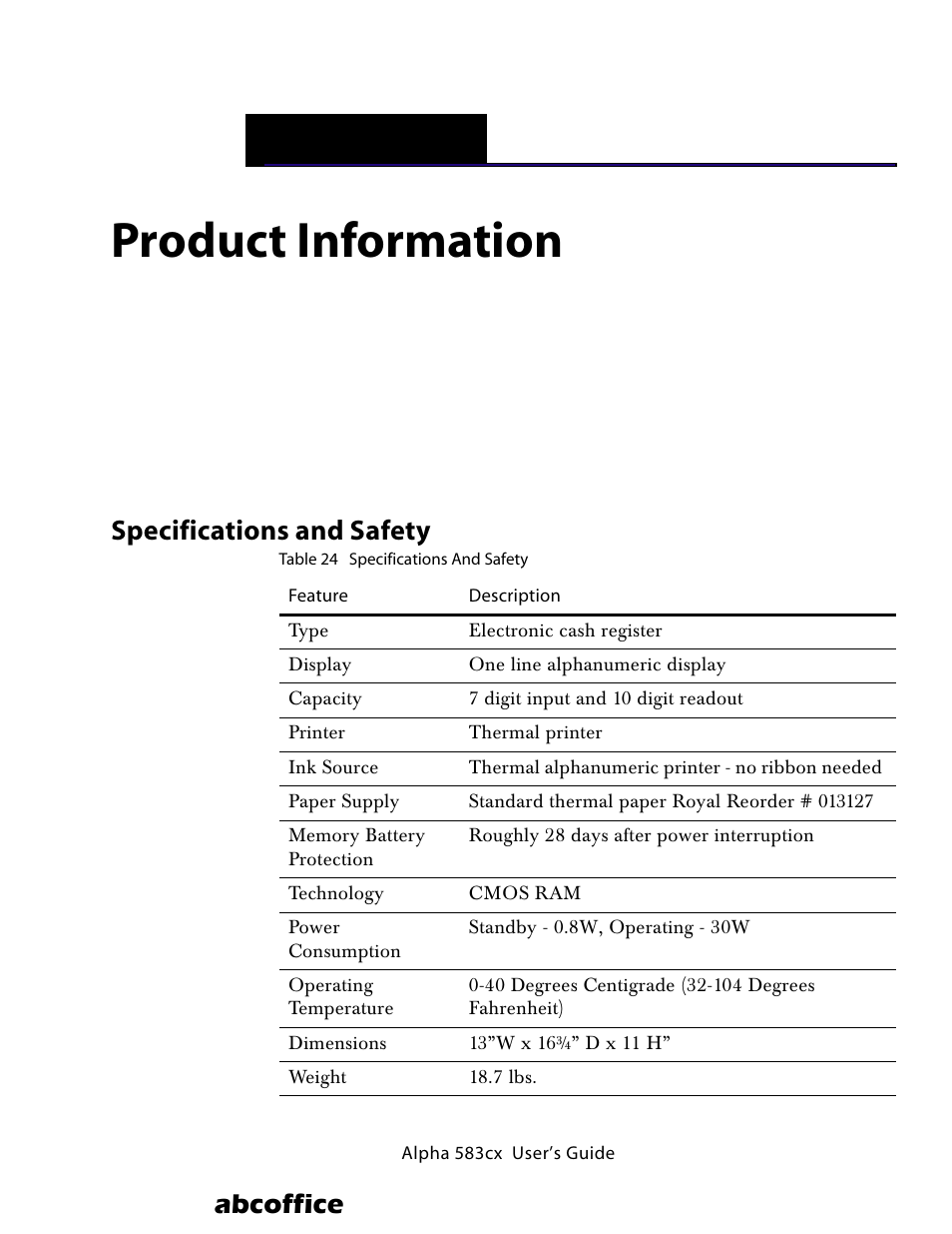 Product information, Specifications and safety, C product information | Abcoffice, Ppendix | ABC Office ROYAL Alpha 583cx User Manual | Page 130 / 138