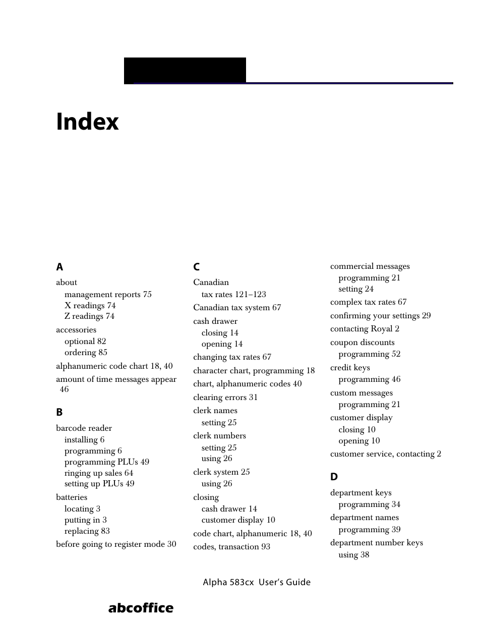 Index, Abcoffice | ABC Office ROYAL Alpha 583cx User Manual | Page 135 / 138
