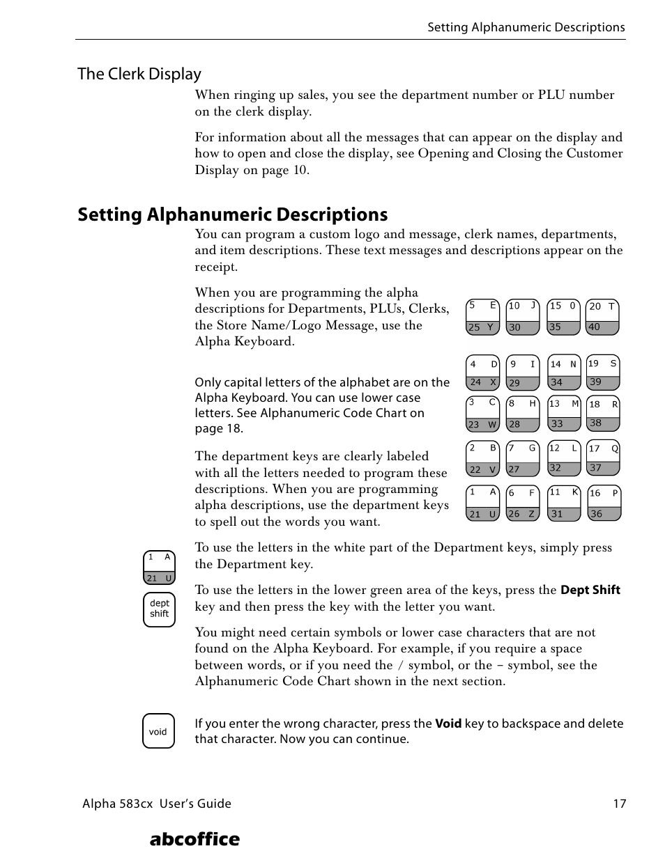 The clerk display, Setting alphanumeric descriptions, Abcoffice | ABC Office ROYAL Alpha 583cx User Manual | Page 23 / 138