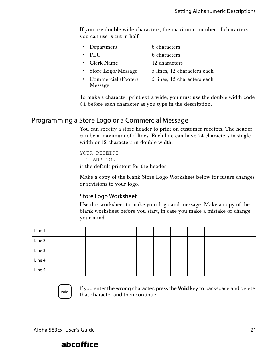 Programming a store logo or a commercial message, Abcoffice | ABC Office ROYAL Alpha 583cx User Manual | Page 27 / 138