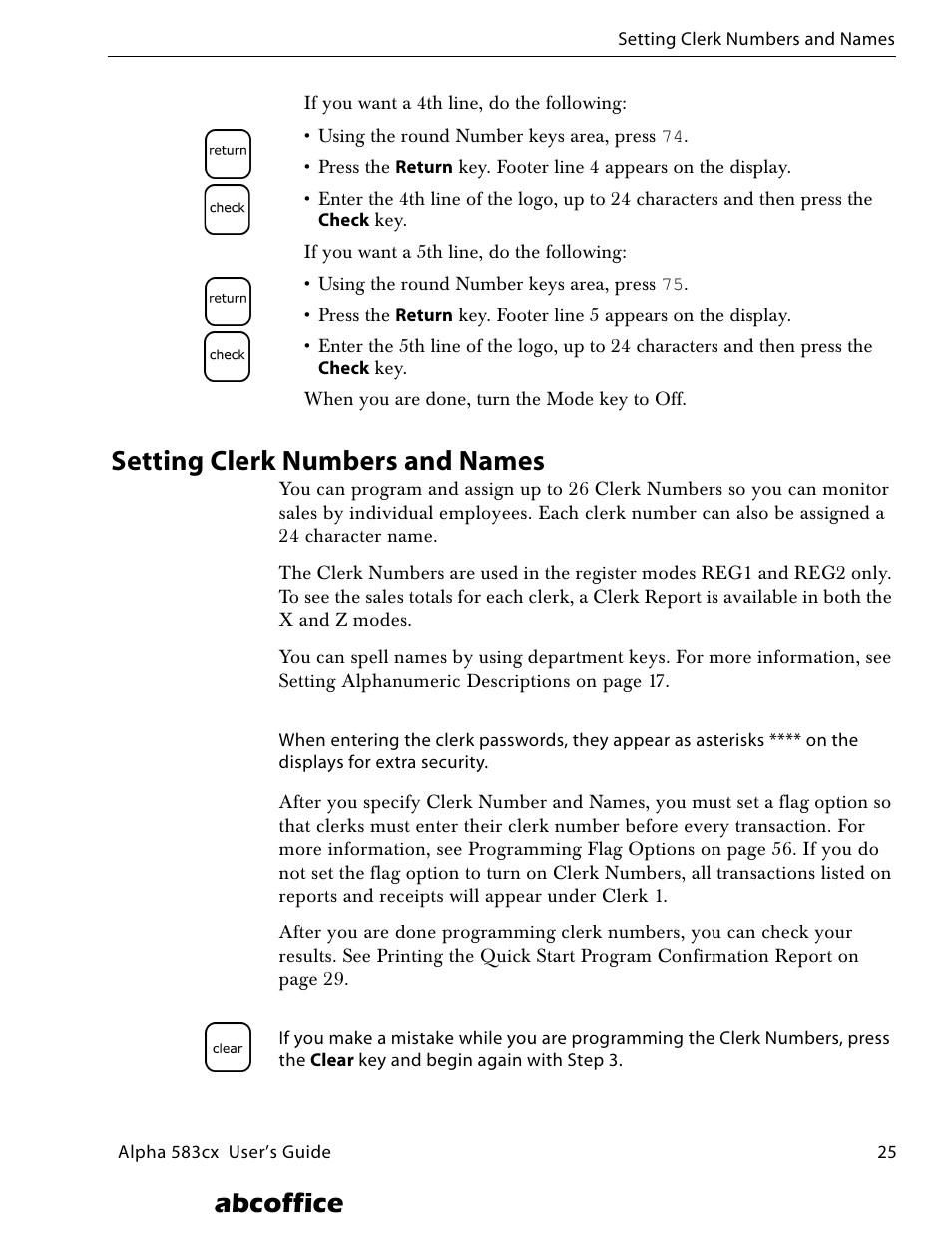 Setting clerk numbers and names, Numbers, see setting clerk numbers, Abcoffice | ABC Office ROYAL Alpha 583cx User Manual | Page 31 / 138