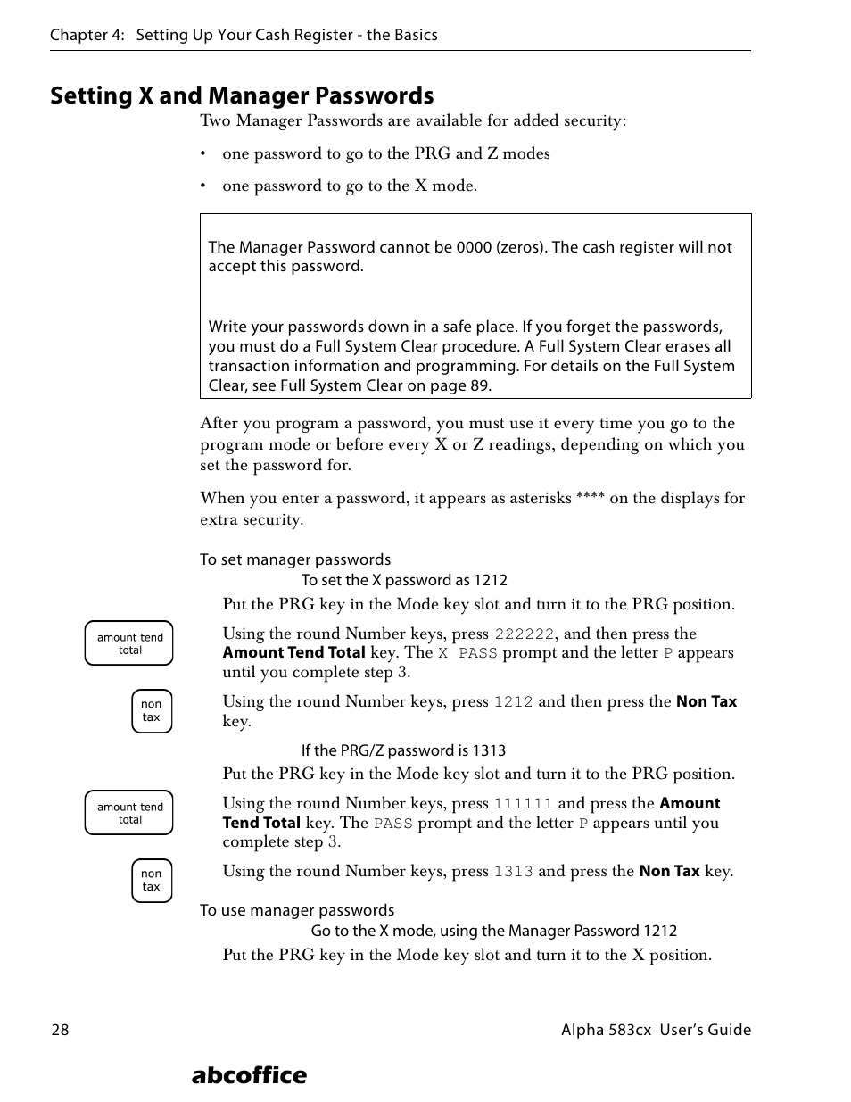 Setting x and manager passwords, Abcoffice | ABC Office ROYAL Alpha 583cx User Manual | Page 34 / 138