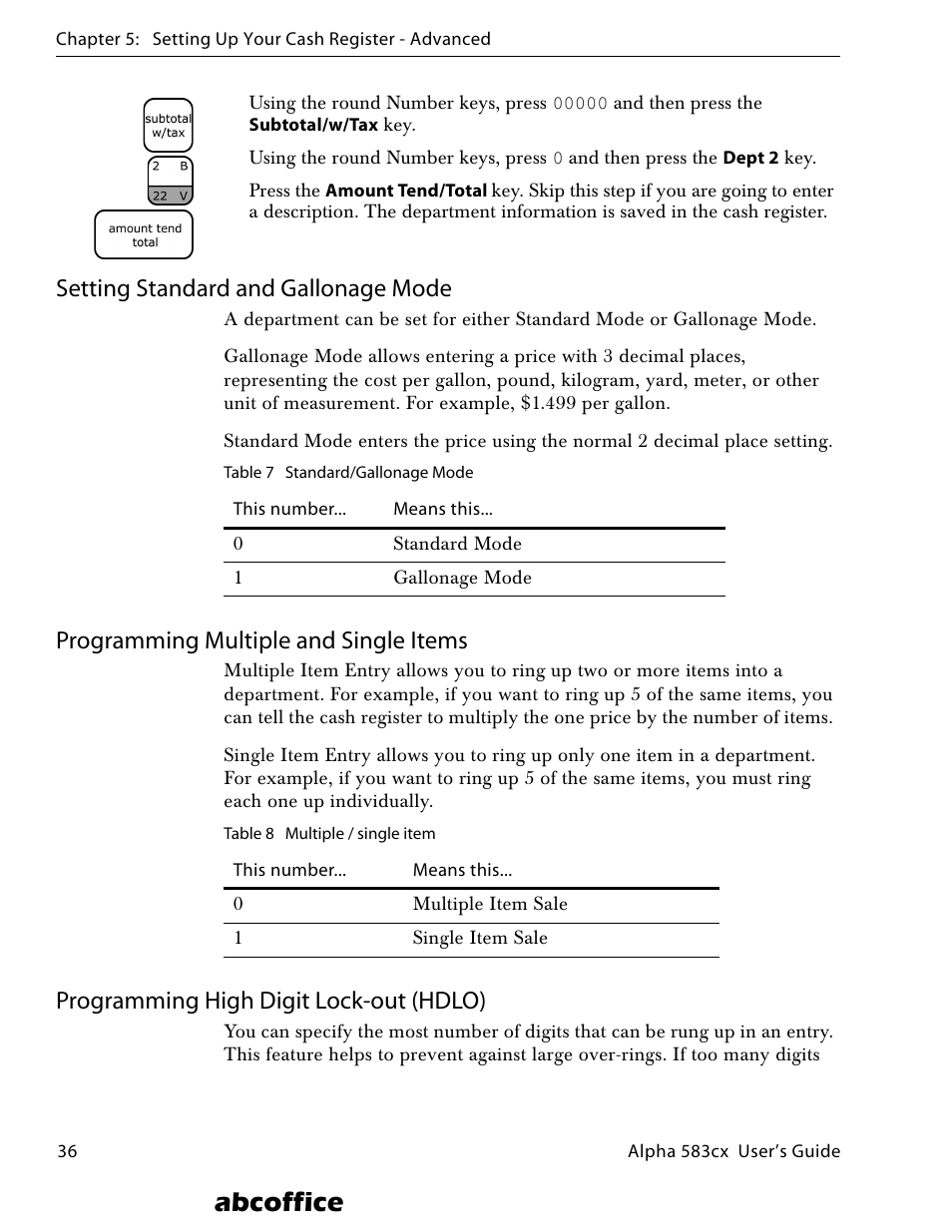 Setting standard and gallonage mode, Programming multiple and single items, Programming high digit lock-out (hdlo) | Abcoffice | ABC Office ROYAL Alpha 583cx User Manual | Page 42 / 138