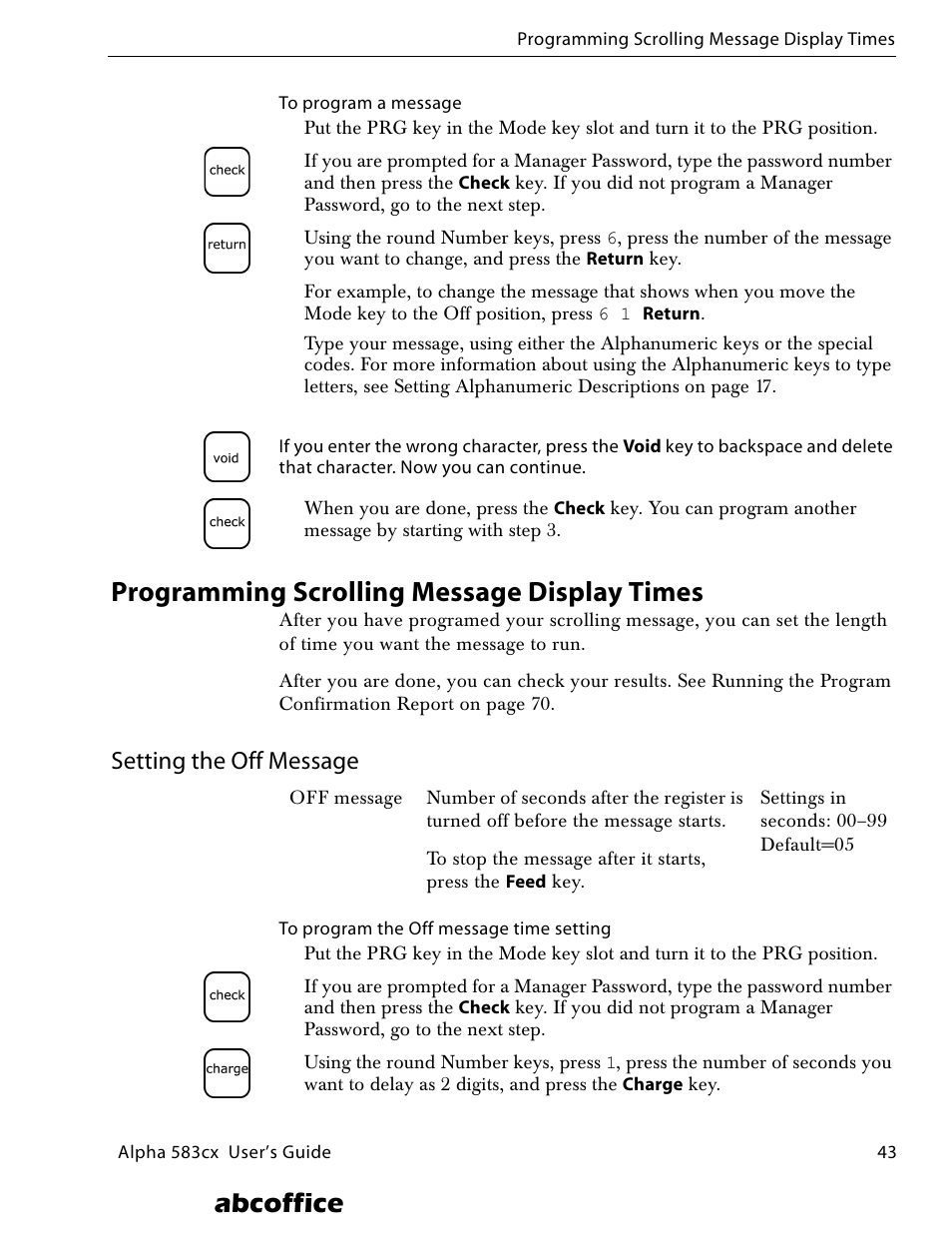 Programming scrolling message display times, Setting the off message, Abcoffice | ABC Office ROYAL Alpha 583cx User Manual | Page 49 / 138