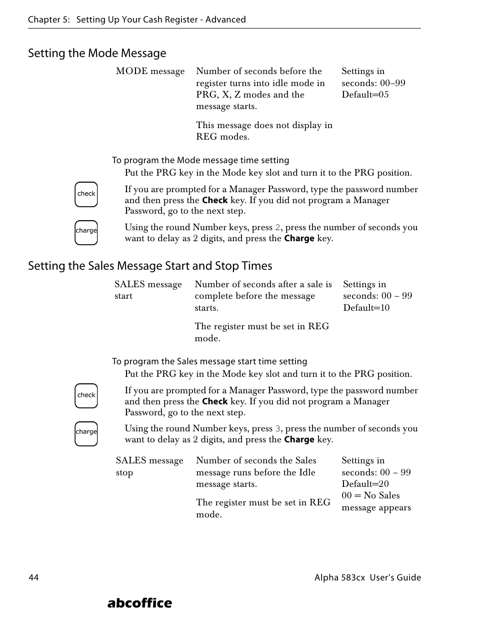 Setting the mode message, Setting the sales message start and stop times, Abcoffice | ABC Office ROYAL Alpha 583cx User Manual | Page 50 / 138