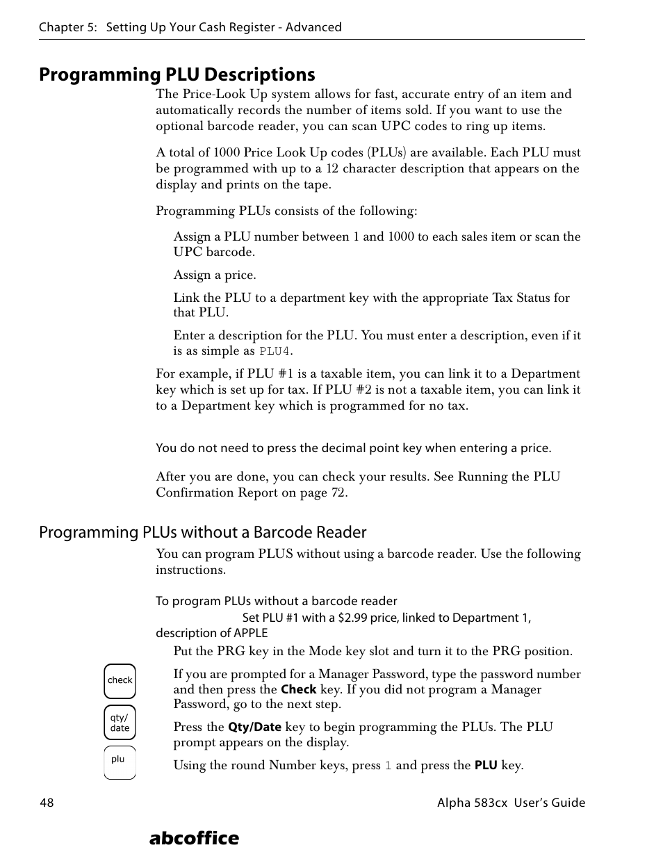 Programming plu descriptions, Programming plus without a barcode reader, S, see programming plu descriptions on | Abcoffice | ABC Office ROYAL Alpha 583cx User Manual | Page 54 / 138