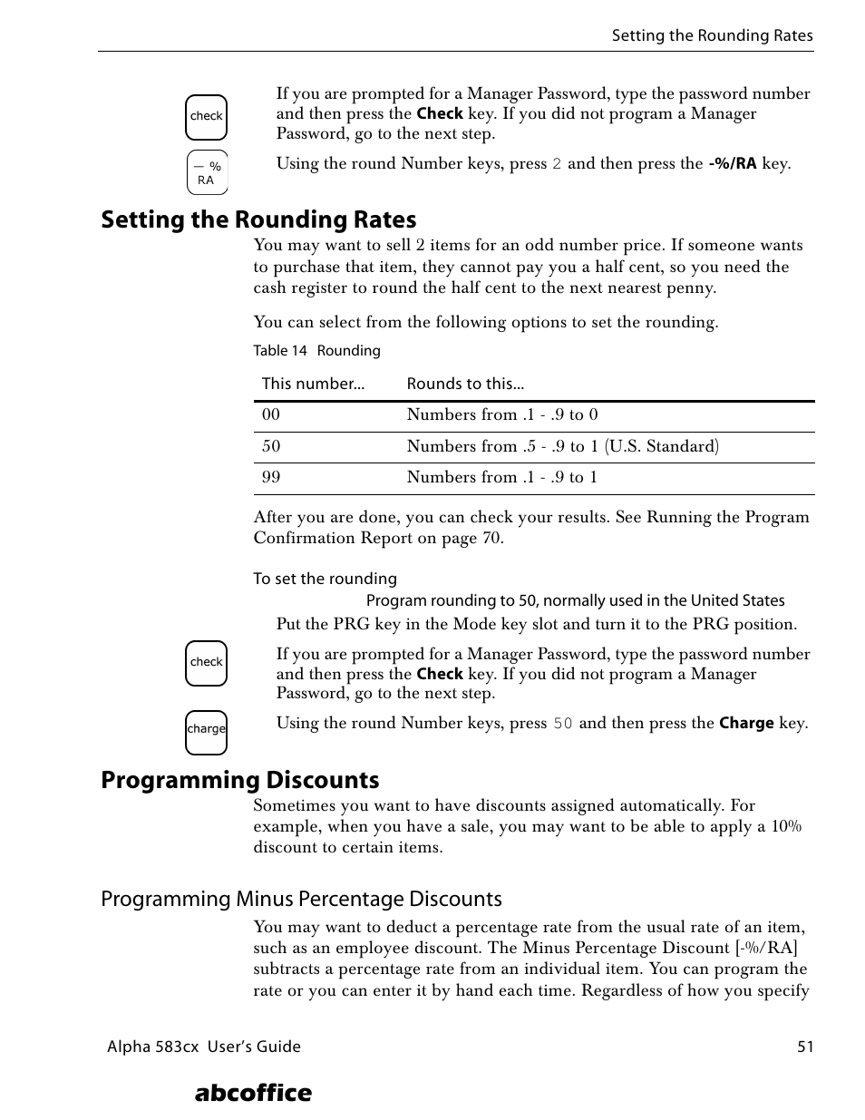 Setting the rounding rates, Programming discounts, Programming minus percentage discounts | Abcoffice | ABC Office ROYAL Alpha 583cx User Manual | Page 57 / 138