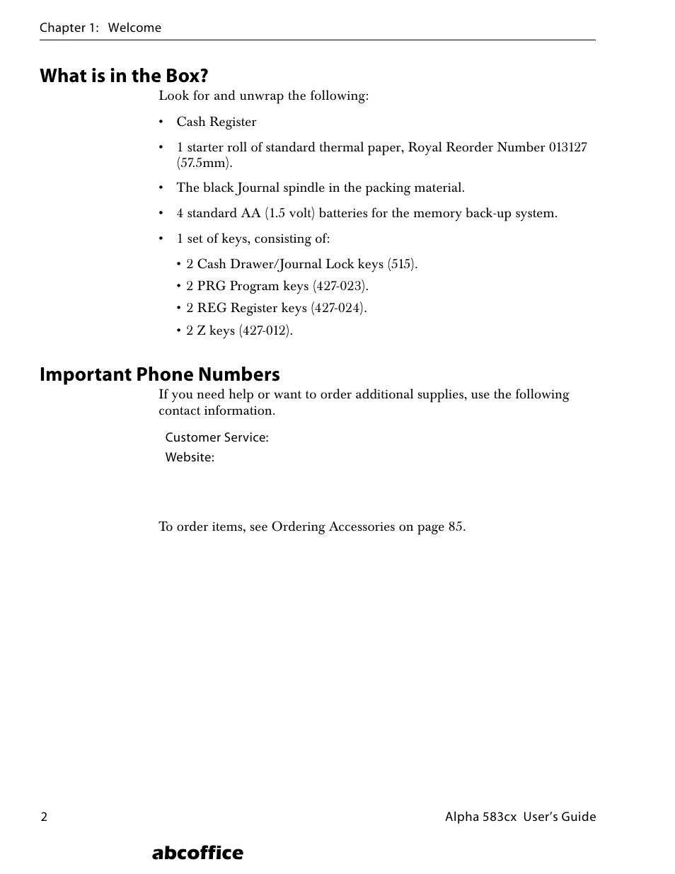 What is in the box, Important phone numbers, Abcoffice | ABC Office ROYAL Alpha 583cx User Manual | Page 8 / 138