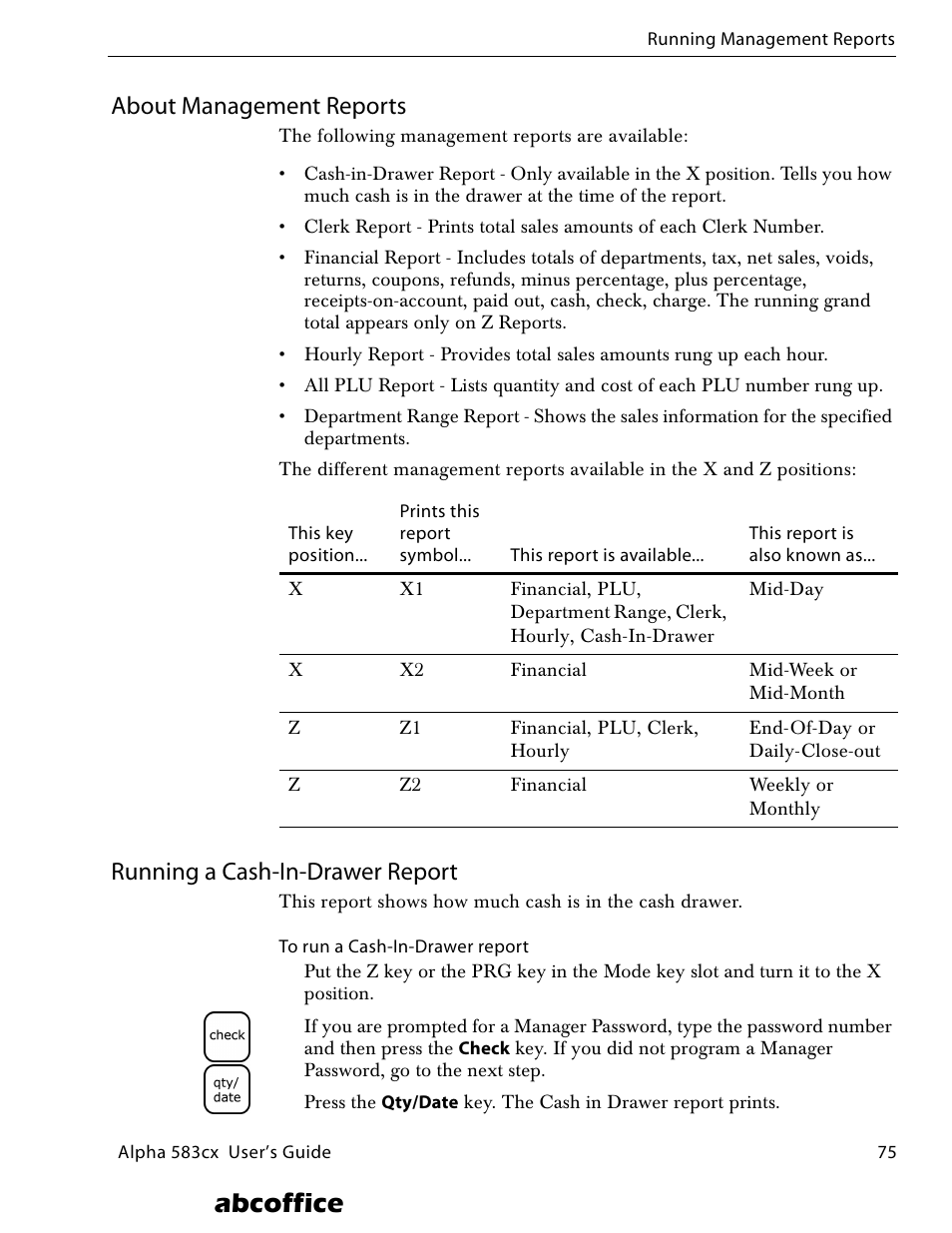 About management reports, Running a cash-in-drawer report, Abcoffice | ABC Office ROYAL Alpha 583cx User Manual | Page 81 / 138