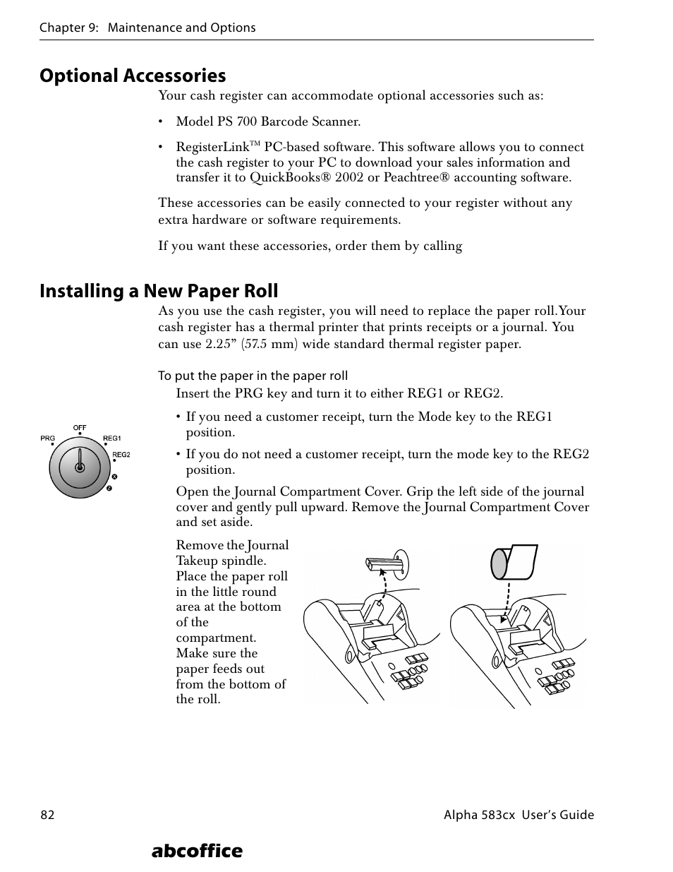 Optional accessories, Installing a new paper roll, Abcoffice | ABC Office ROYAL Alpha 583cx User Manual | Page 88 / 138