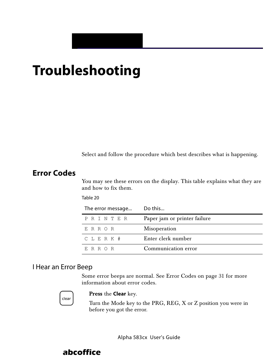 Troubleshooting, Error codes, I hear an error beep | 10 troubleshooting, Abcoffice, Hapter | ABC Office ROYAL Alpha 583cx User Manual | Page 92 / 138