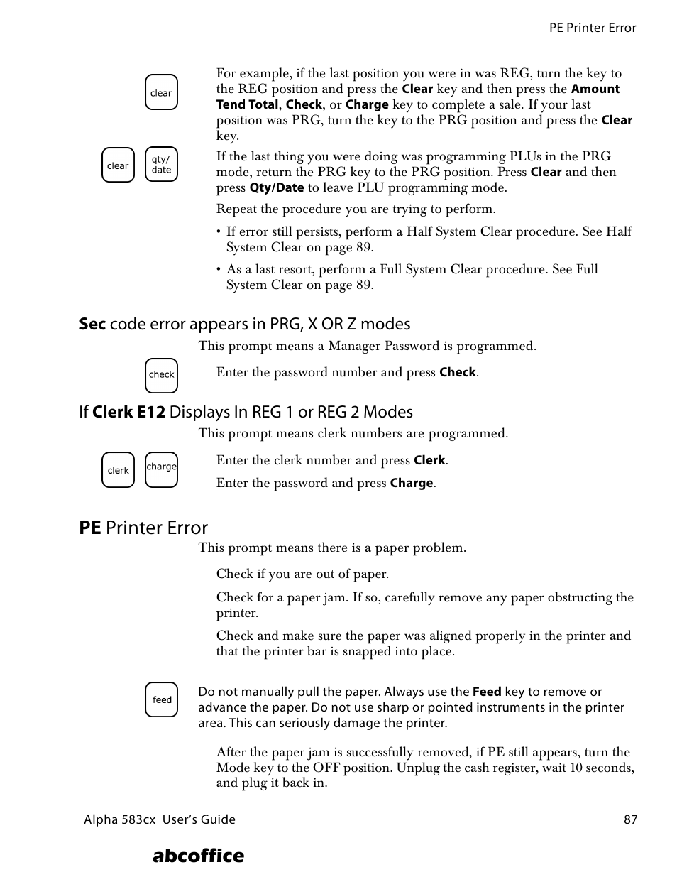 Sec code error appears in prg, x or z modes, If clerk e12 displays in reg 1 or reg 2 modes, Pe printer error | Abcoffice | ABC Office ROYAL Alpha 583cx User Manual | Page 93 / 138