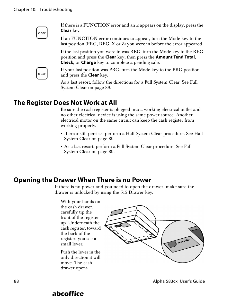 The register does not work at all, Opening the drawer when there is no power, Abcoffice | ABC Office ROYAL Alpha 583cx User Manual | Page 94 / 138