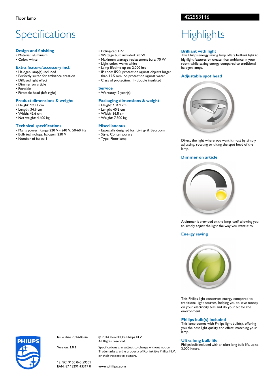 Specifications, Highlights | Philips InStyle Stehleuchte User Manual | Page 2 / 2