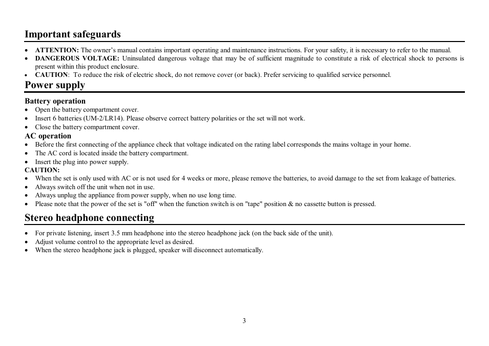 Important safeguards, Power supply, Stereo headphone connecting | Hyundai H-1411 User Manual | Page 3 / 16