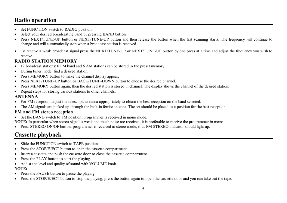 Radio operation, Cassette playback | Hyundai H-1411 User Manual | Page 4 / 16