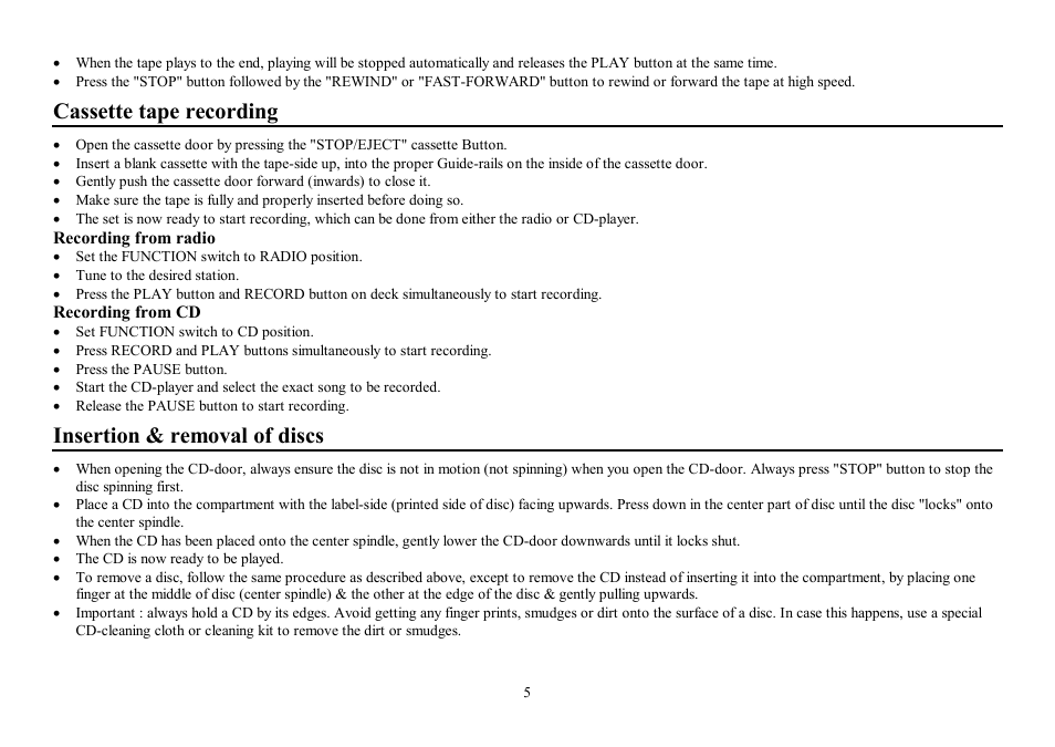 Cassette tape recording, Insertion & removal of discs | Hyundai H-1411 User Manual | Page 5 / 16