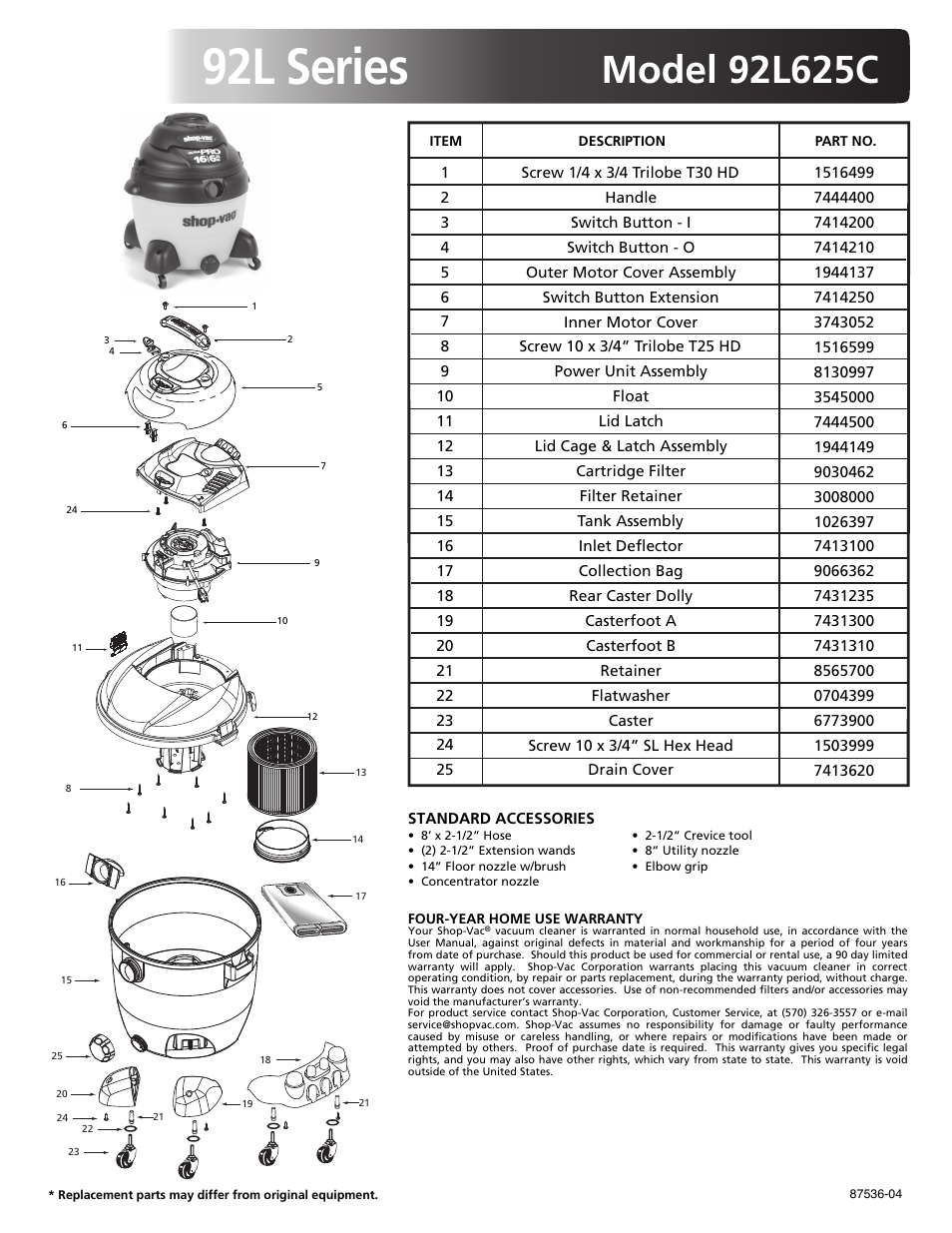 Shop-Vac 92L625C User Manual | 1 page