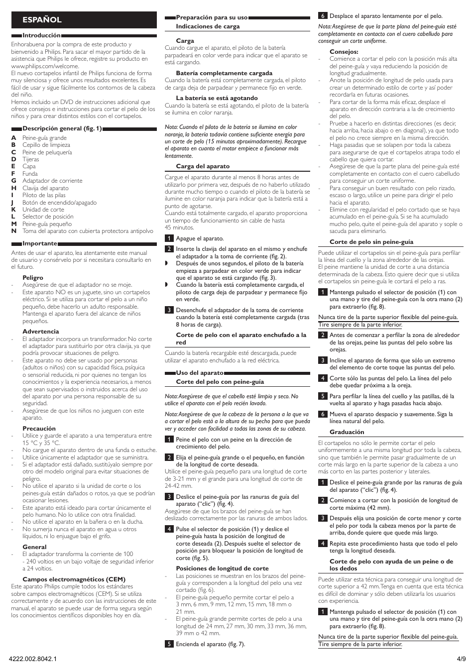 Español | Philips Regolacapelli User Manual | Page 4 / 9