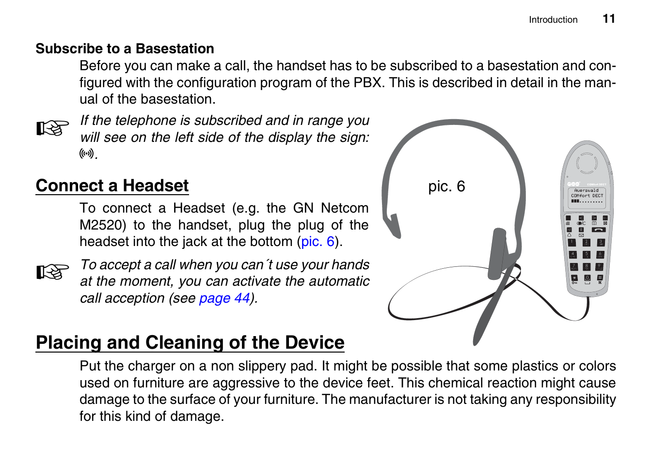 Subscribe to a basestation, Connect a headset, Placing and cleaning of the device | Auerswald 800 User Manual | Page 11 / 52