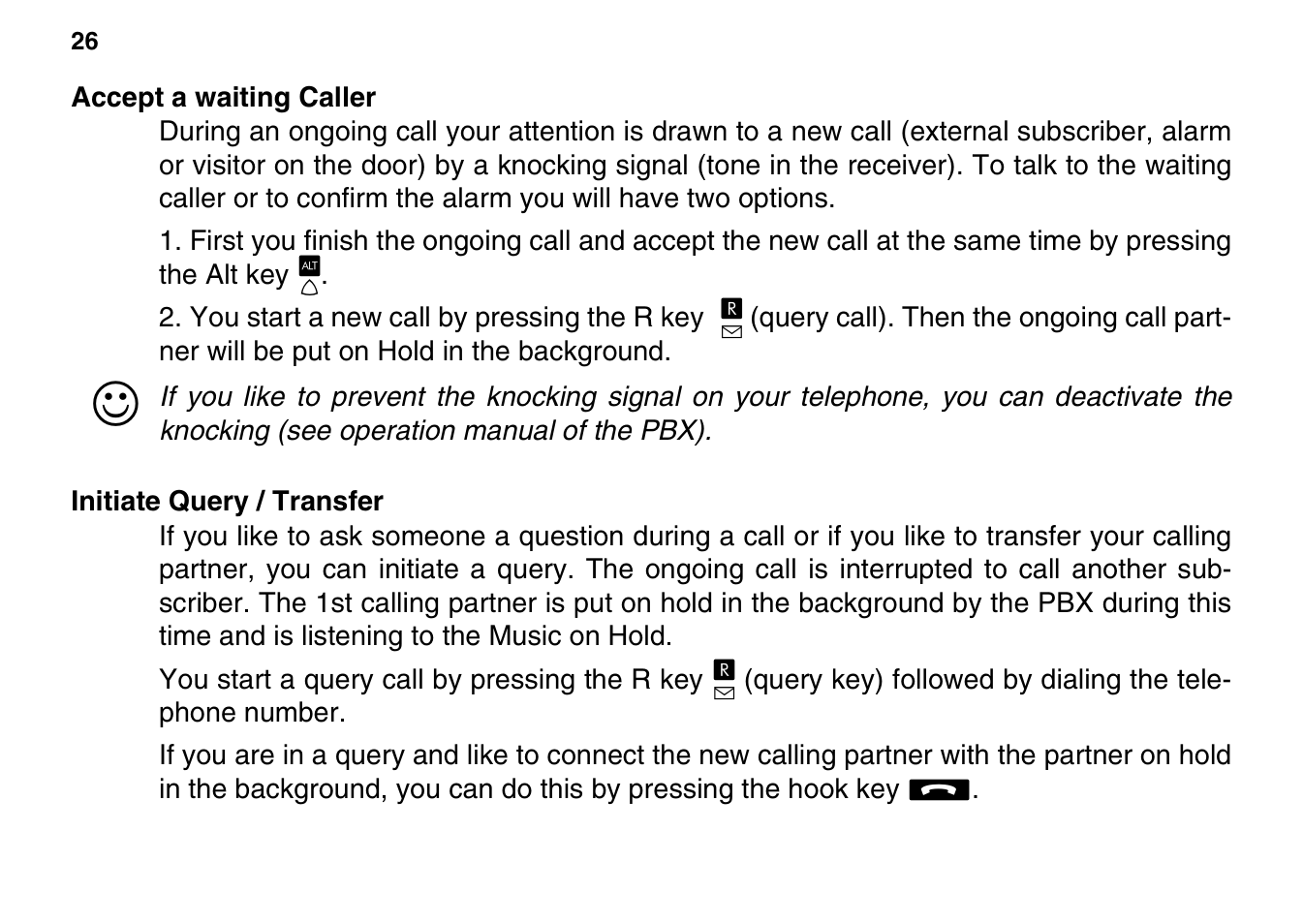 Accept a waiting caller, Initiate query / transfer | Auerswald 800 User Manual | Page 26 / 52