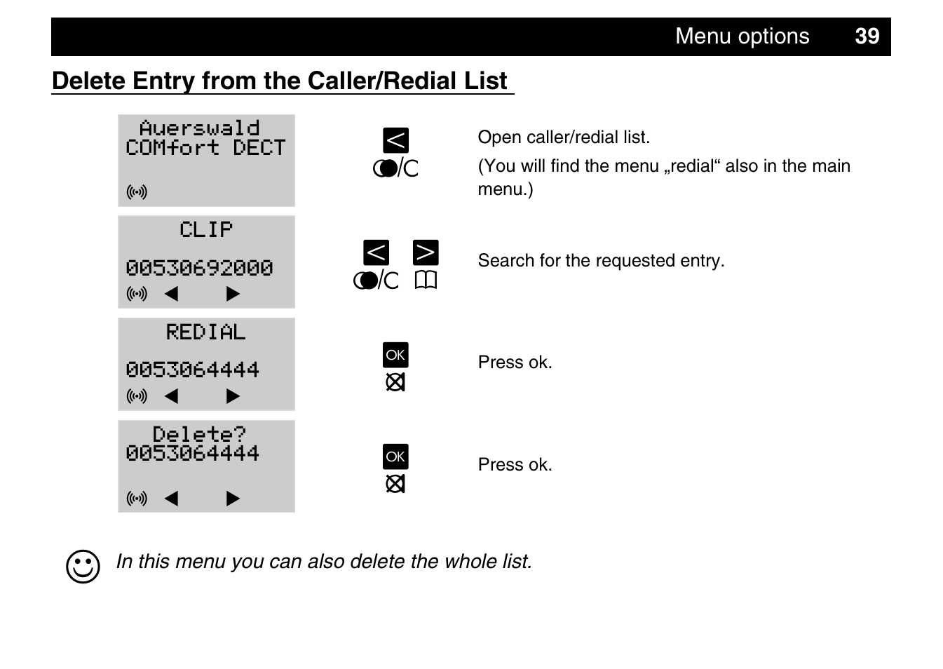 Menu options, Delete entry from the caller/redial list | Auerswald 800 User Manual | Page 39 / 52