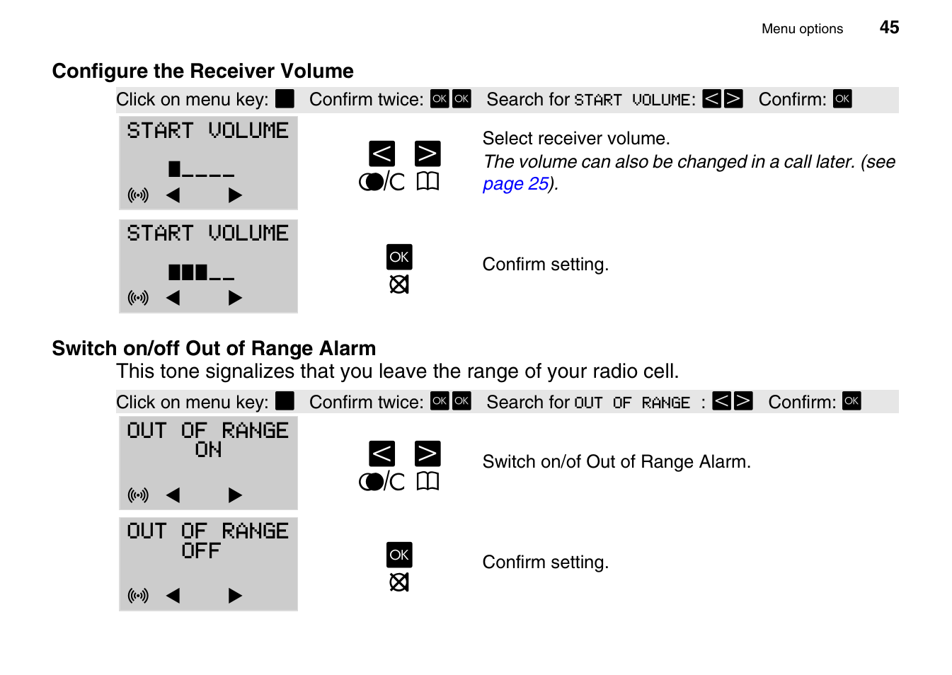 Configure the receiver volume, Switch on/off out of range alarm, Moo zv o | Auerswald 800 User Manual | Page 45 / 52
