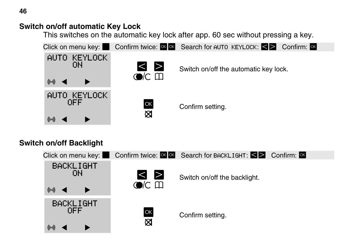 Switch on/off automatic key lock, Switch on/off backlight, Moo zv o | Auerswald 800 User Manual | Page 46 / 52