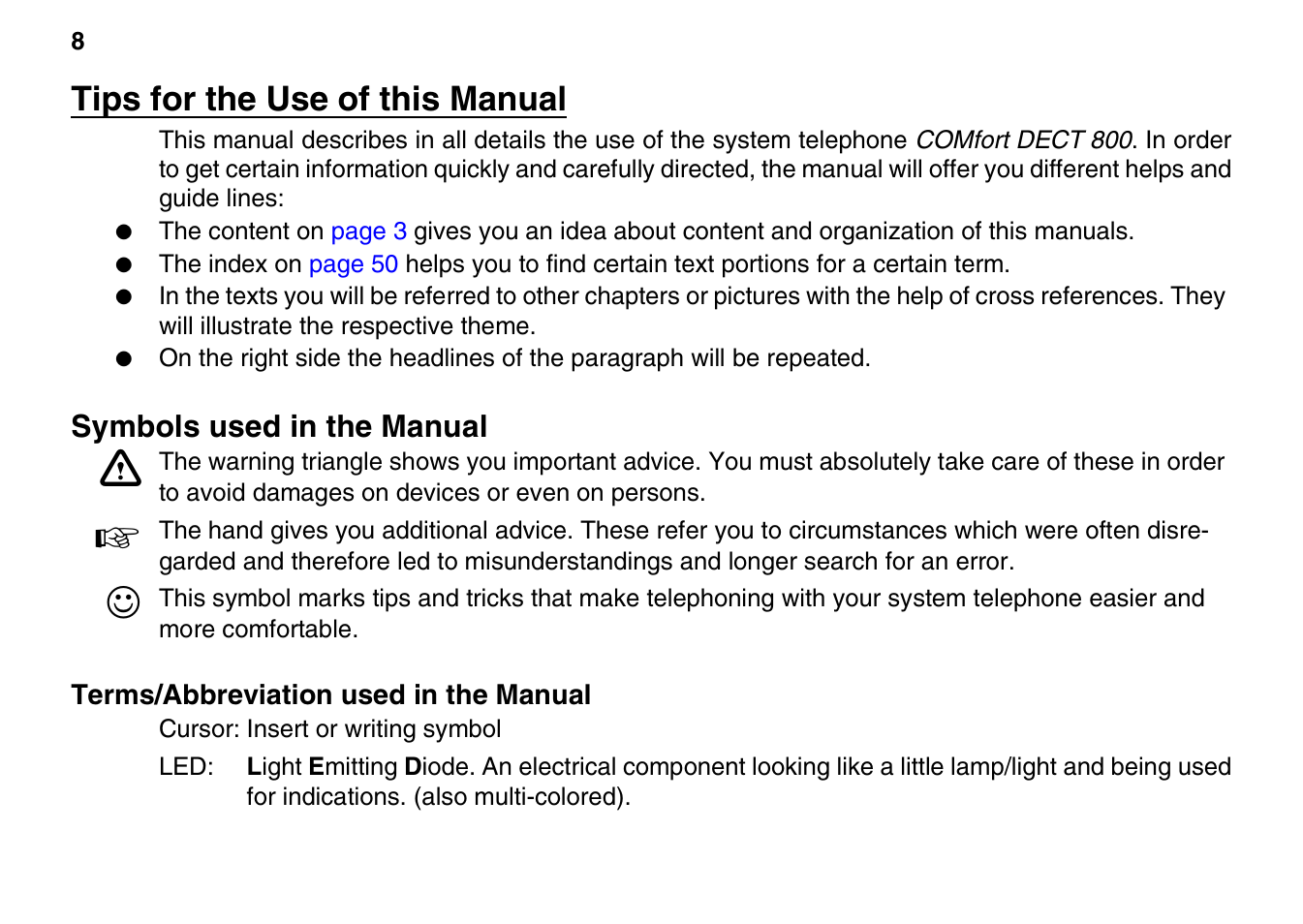 Tips for the use of this manual, Symbols used in the manual, Terms/abbreviation used in the manual | Auerswald 800 User Manual | Page 8 / 52