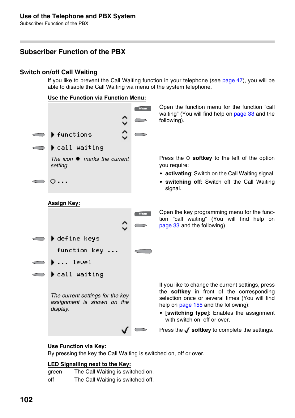 Subscriber function of the pbx, Switch on/off call waiting, Functions call waiting | Auerswald 2500 User Manual | Page 102 / 236