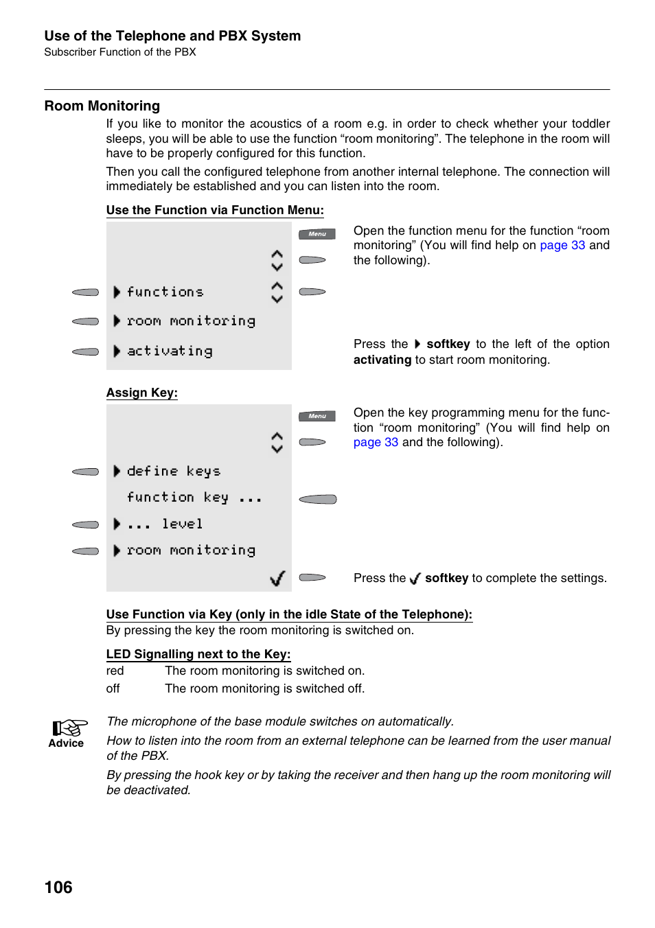 Room monitoring, Functions room monitoring activating | Auerswald 2500 User Manual | Page 106 / 236