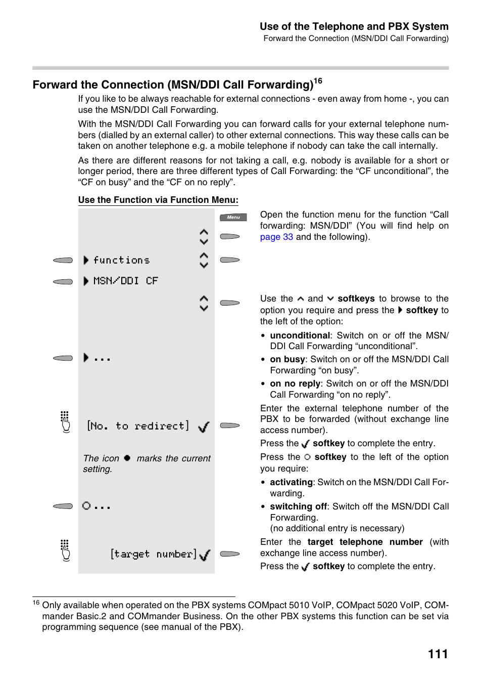 Forward the connection (msn/ddi call forwarding), Ding, Forwarding | Functions msn/ddi cf, No. to redirect, Target number | Auerswald 2500 User Manual | Page 111 / 236