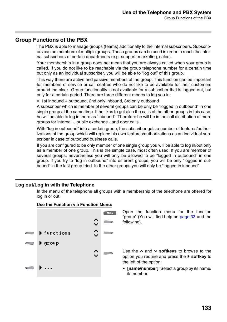 Group functions of the pbx, Log out/log in with the telephone, Functions group | Auerswald 2500 User Manual | Page 133 / 236