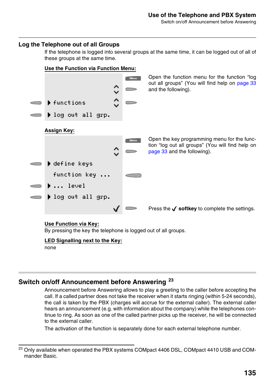 Log the telephone out of all groups, Switch on/off announcement before answering, Functions log out all grp | Auerswald 2500 User Manual | Page 135 / 236